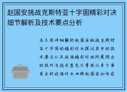 赵国安挑战克斯特亚十字固精彩对决细节解析及技术要点分析